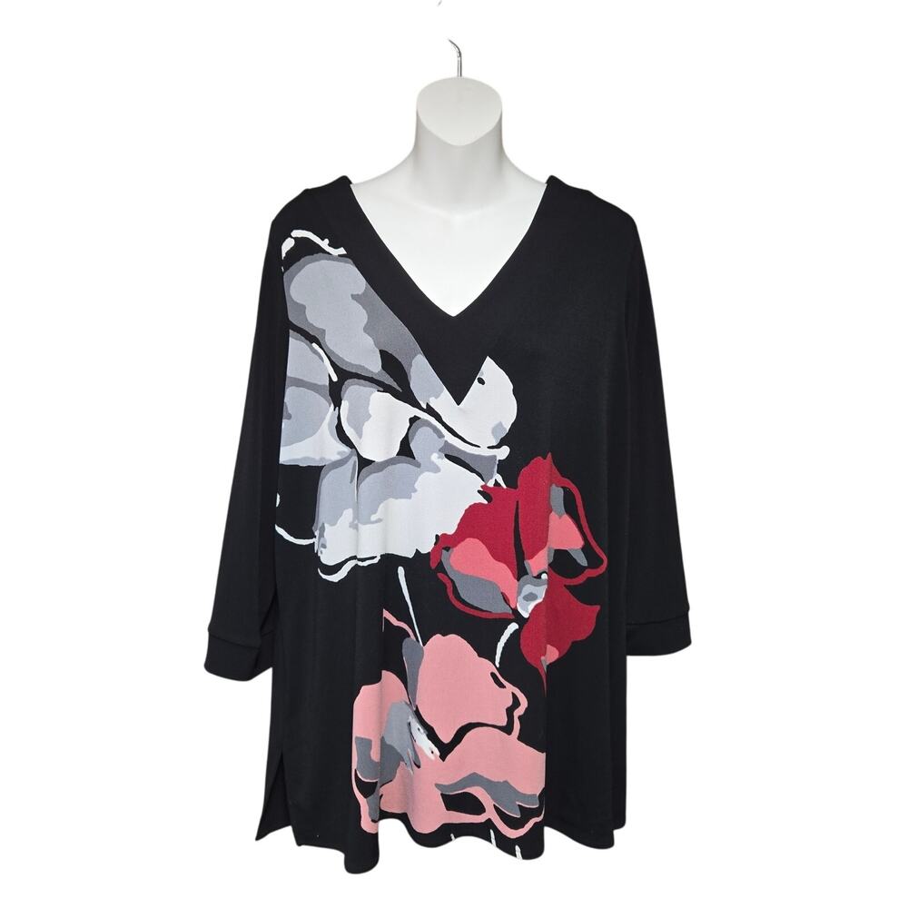 Leota Dia + Co Womans 1L 1X Floral Top Stretch Knit Statement Artsy Travel Work‎